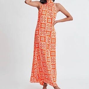 Ann Taylor Tiled Flowy Tie Neck Halter Maxi Dress
